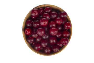 cowberry in wooden cup isolated on white background. top view