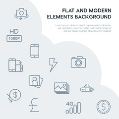 money, mobile, video, photos outline vector icons and elements background concept on grey background.Multipurpose use on websites, presentations, brochures and more