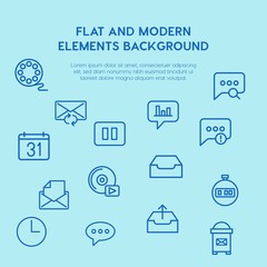 chat and messenger, video, time, email outline vector icons and elements background concept on blue background.Multipurpose use on websites, presentations, brochures and more