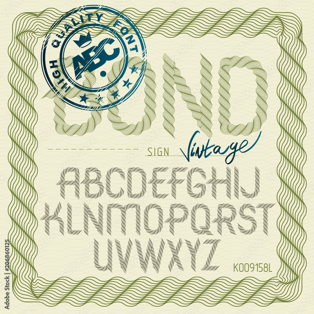 Poster set of vector rounded upper case alphabet letters isolated created using guilloche pattern, micropri