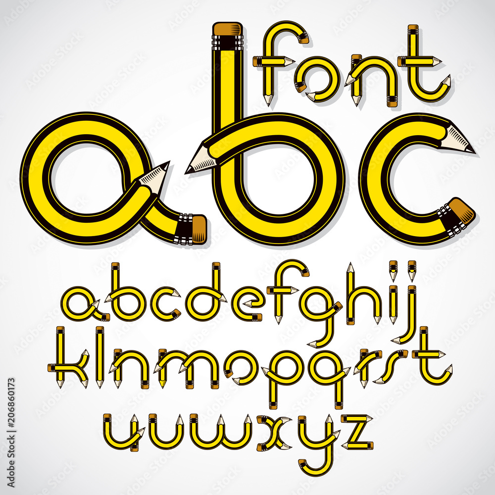 Fototapete Vector lower case English alphabet letters collection created using stationery design, constructed with pencils. Best for use in logotype design for drawing art class.