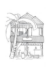 Wooden hut with hammock handdrawn sketch. Tropical island house architecture. Black white travel sketch.