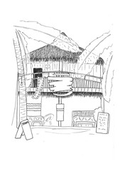 Wooden hut with hotel handdrawn sketch. Tropical island house architecture. Black white travel sketch.