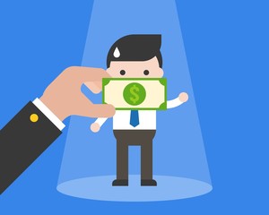 Cute businessman or politician was force to silence by bribery money, flat design vector money talk and bribe concept