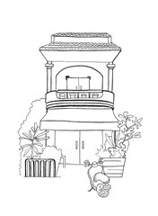 Cambodian house with motorbike handdrawn sketch. European colonial architecture. Black white travel sketch.