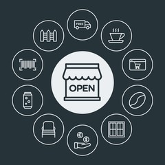 drinks, shopping, furniture Infographic Circle outline Icons Set. Contains such Icons as shop,  seed,  sign,  barcode,  open, coffee, window,  sale,  store, hot and more. Fully Editable. Pixel Perfect