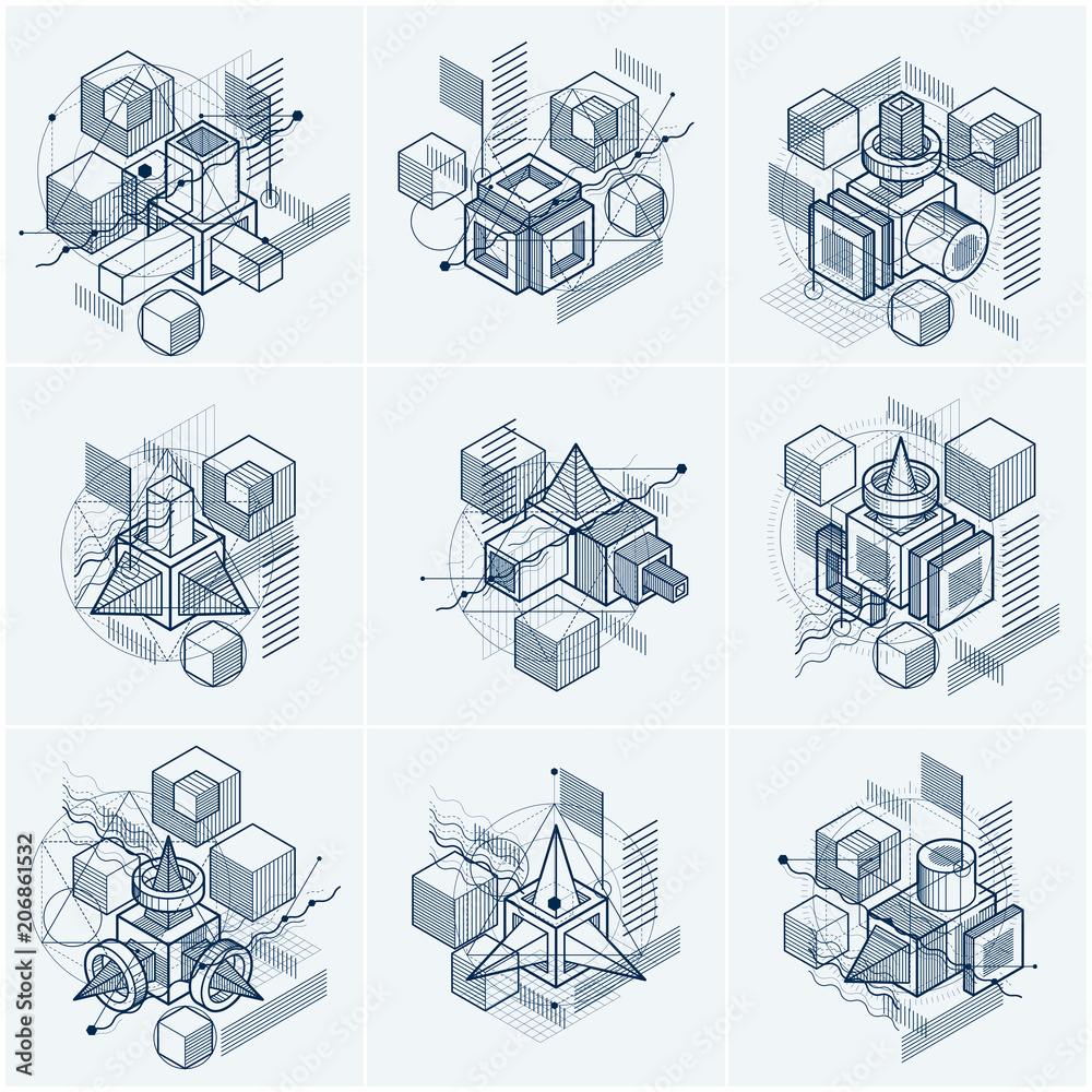 Poster isometric abstract backgrounds with lines and other different elements, vector abstract templates. c