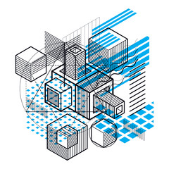 Abstract background with isometric elements, vector linear art with lines and shapes. Cubes, hexagons, squares, rectangles and different abstract elements.
