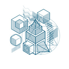 3d abstract vector isometric background. Layout of cubes, hexagons, squares, rectangles and different abstract elements.