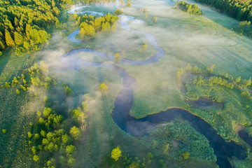 Summer nature background. Fog over river and green meadow.