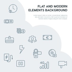 money, mobile, video, photos outline vector icons and elements background concept on grey background.Multipurpose use on websites, presentations, brochures and more