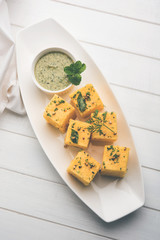 Chana Dal Dhokla served with mint chutney, selective focus