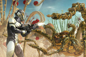 space trooper soldier and alien monster on a planet