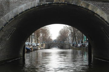 canals of Amsterdam (Netherlands), a long cascade of old arched bridges