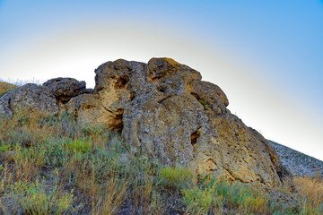 Prehistoric stone boulder in the Donskoy Nature Park, Volgograd Region, Russia.