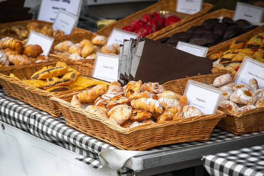 Selective focus, fresh Italian sweets and pastries on display at Kings Cross outdoor food market in London