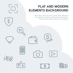 money, mobile, video, photos outline vector icons and elements background concept on grey background.Multipurpose use on websites, presentations, brochures and more