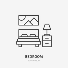 Bedroom flat line icon. Apartment furniture sign, vector illustration of bed, bedside table, lamp, decorations. Thin linear logo for interior store.
