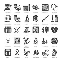 Medical check up, flat glyph icons. Health diagnostics equipment - mri, tomography, glucometer, stethoscope, blood pressure x-ray, blood test. Hospital signs. Solid silhouette pixel perfect 64x64.