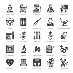 Fototapeta premium Gynecology, obstetrics vector flat glyph icons. Pregnancy medical elements - baby ultrasound, in vitro fertilization, test, uterus, pregnant woman. Solid silhouette pixel perfect 64x64.