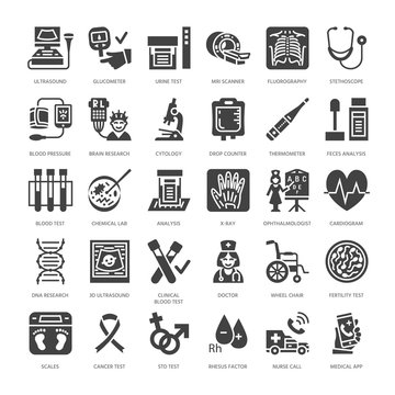 Medical check up, flat glyph icons. Health diagnostics equipment - mri, tomography, glucometer, stethoscope, blood pressure x-ray, blood test. Hospital signs. Solid silhouette pixel perfect 64x64.