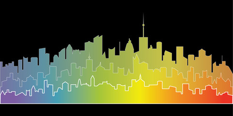 Rainbow city landscape on black. Horizontal silhouettes of buildings. Vector illustration of modern city residential area.