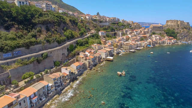 Chianalea homes in Scilla. Aerial view of Calabria, Italy