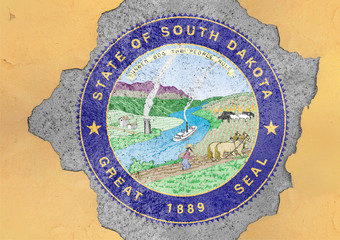 US state South Dakota seal flag painted on concrete hole and cracked wall facade structure