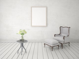 Mock up a classic living room with a comfortable armchair and a classic coffee table.