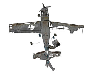 ruined airplane isolated on white top view