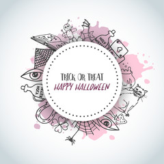 Obraz premium Hand drawn halloween banner template. Trick or treat poster background. Spooky party invitation Vector