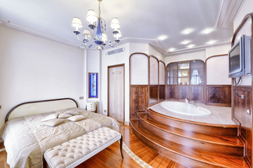The interior of the bedroom combined with bathroom.