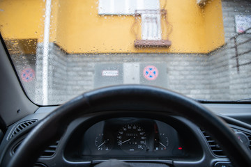 raindrops on car windshield close up © phpetrunina14