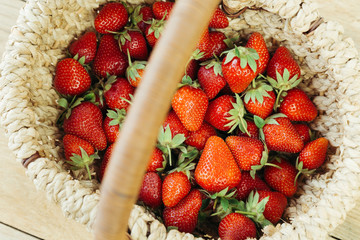 Strawberry Basket Table Background Wooden Seasonal Berries