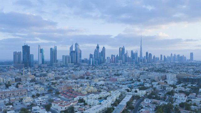 United Arab Emirates, Dubai, elevated view of the new Dubai skyline of modern architecture and skyscrappers on Sheikh Zayed Road - T/lapse