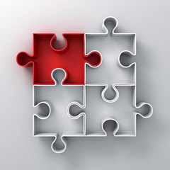 One Red jigsaw puzzle piece stand out from the crowd different concept on white wall background with shadow. 3D rendering.