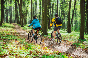 Fototapeta premium couple riding bicycle in forest in warm day. view from behind