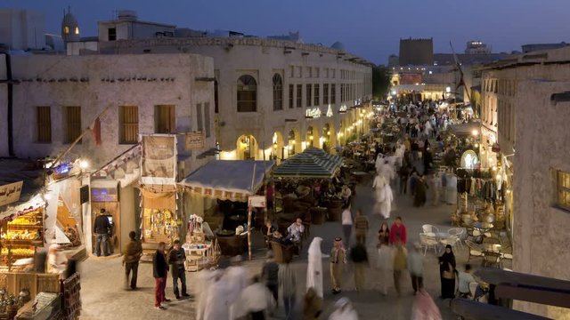 Qatar, Middle East, Arabian Peninsula, Doha, the restored Souq Waqif with mud rendered shops and exposed timber beams