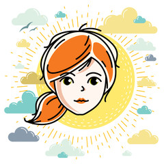 Beautiful women face, human head. Vector character, attractive redhead lady face features.