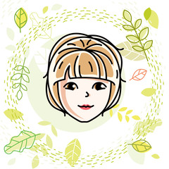Caucasian woman face, vector human head illustration. Attractive blonde female with stylish haircut.
