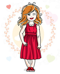 Little redhead cute child in wearing different casual clothes and standing on colorful backdrop with hearts. Vector illustration of nice girl.