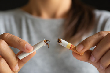 World No Tobacco Day, May 31. STOP Smoking. Close up woman hand breaking, crushing or destroying...