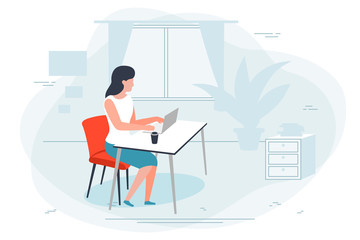 Vector illustration - girl working at home, office. Window, plant, pictures on background. Banner, poster template with place for your text.