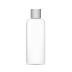 Vector realistic image (mock-up, layout) of plastic packaging for cosmetics, white with a dark lid. Bottle for liquid substances. The image is created using the gradient mesh. EPS 10.