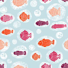 seamless pattern blue pink orange fishes in bubbles. Perfect for the kids market!