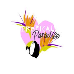 Naklejka premium Tropical cartoon minimal jungle illustration with toucan bird, palm leaves, exotic strelizia flowers. Vector. Isolated. Modern background for invitation, header, cover, apparel, poster, flyer web