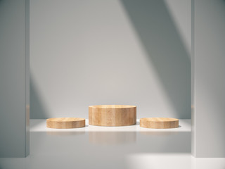 Wooden pedestal for display,Platform for design,Blank product stand with empty white room.3D rendering.