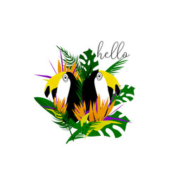 Obraz premium Tropical cartoon minimal jungle illustration with toucan bird, palm leaves, exotic strelizia flowers. Vector. Isolated. Modern background for invitation, header, cover, apparel, poster, flyer web