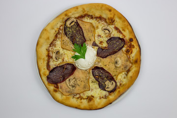 Pizza with olives, fast food restaurant, decoration, pizza on a white background
