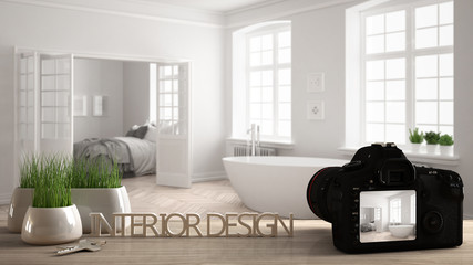 Architect photographer designer desktop concept, camera on wooden work desk with screen showing interior design project, blurred scene in the background, scandinavian bathroom idea template